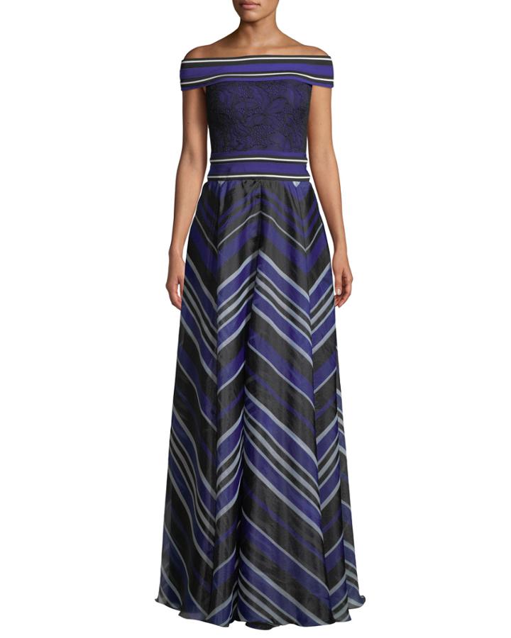 Miter Stripe Off-the-shoulder Short-sleeve A-line Gown