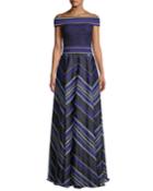 Miter Stripe Off-the-shoulder Short-sleeve A-line Gown