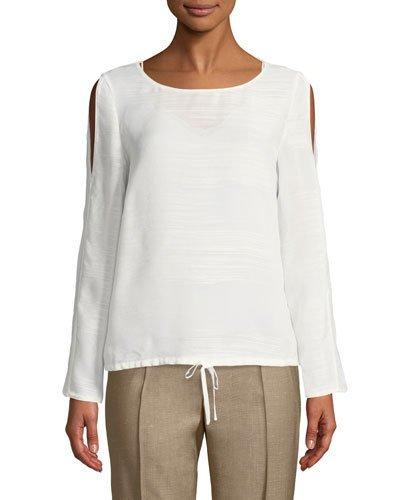 Maxina Cold-shoulder Drawstring-hem Blouse, Beige
