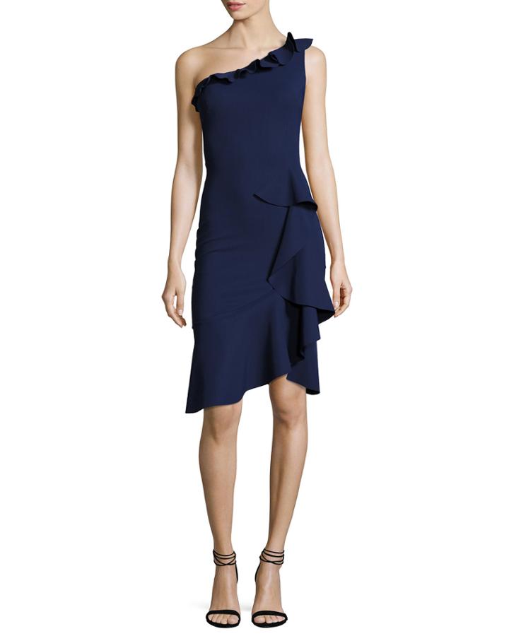 Cornelie One-shoulder Ruffled Faux-wrap Dress, Navy