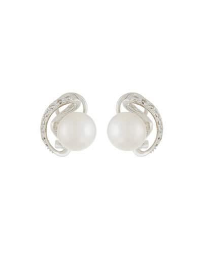 14k Freshwater Pearl & Diamond Swirling Button Earrings