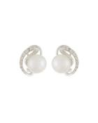 14k Freshwater Pearl & Diamond Swirling Button Earrings