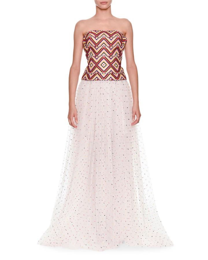 Strapless Woven Top With Tulle Dotted Skirt Evening Gown