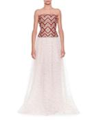 Strapless Woven Top With Tulle Dotted Skirt Evening Gown
