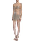 Fully Beaded Long-sleeve Illusion Mini Cocktail Dress