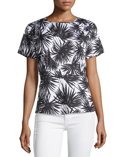 Short-sleeve Pleated Palm-print Blouse, Black