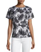 Short-sleeve Pleated Palm-print Blouse, Black