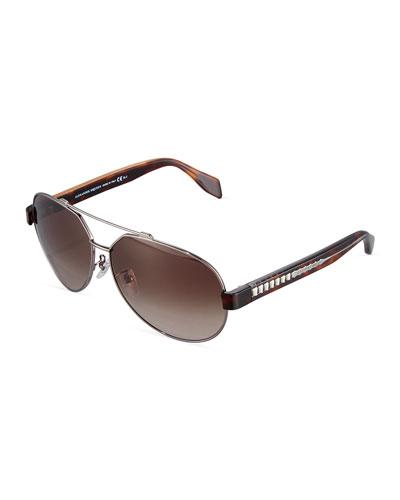 Metal & Acetate Aviator Sunglasses, Ruthenium/havana