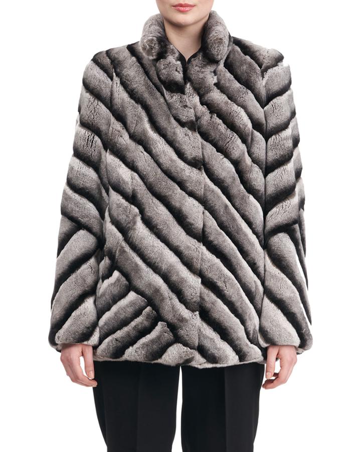 Diagonal Striped Rex Rabbit Fur Coat