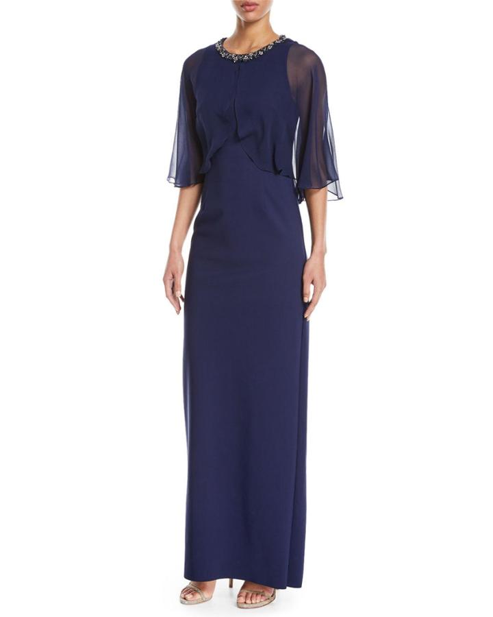 Sheer Capelet Gown W/ Embellished Collar