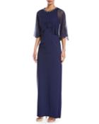 Sheer Capelet Gown W/ Embellished Collar