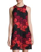 Embroidered Lace-overlay Trapeze Dress,