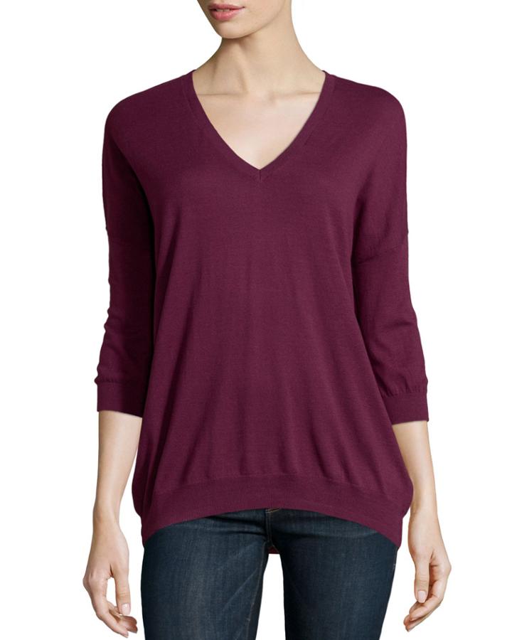 Minnie Rose Long-sleeve Cotton V-neck Everyday Top, Plum, Women's,