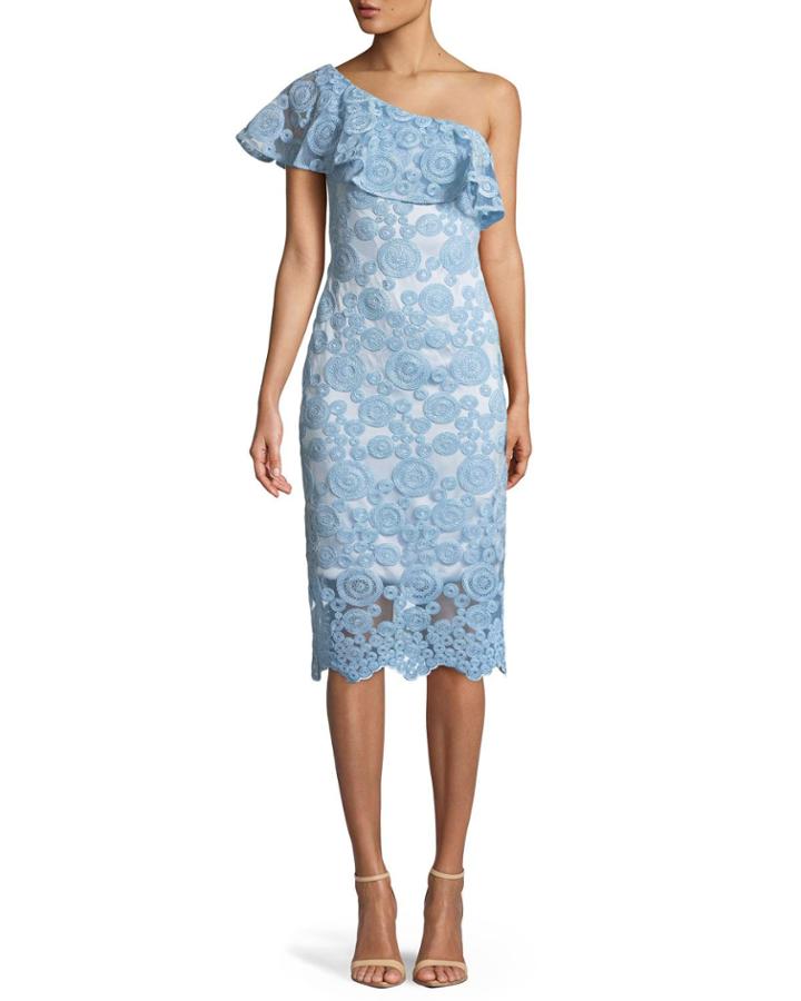 Flounce Ruffle One-shoulder Dress W/ Circle Embroidery