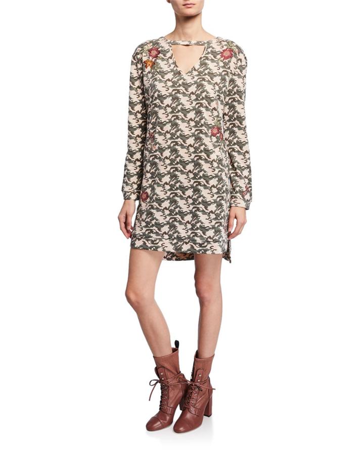 Floral-embroidered Camo Print Sweatshirt Dress