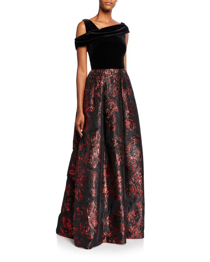 Asymmetrical Velvet Bodice Brocade Skirt A-line Gown