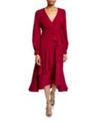Blouson-sleeve Flounce Faux-wrap