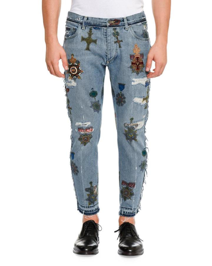 Military Embroidered Straight-leg Jeans With Released Hem, Blue