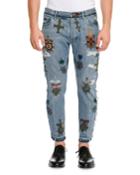 Military Embroidered Straight-leg Jeans With Released Hem, Blue