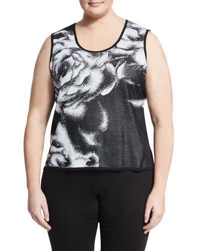Floral-print Scoop-neck Tank, Black/white,