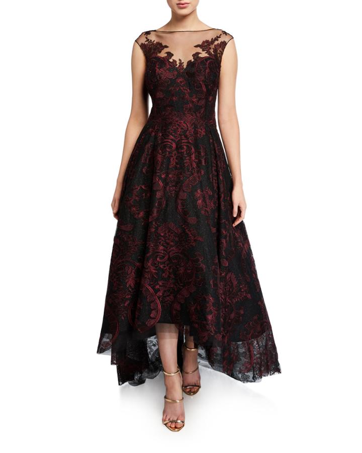 Cap-sleeve High-low Embroidered Tulle Illusion Dress