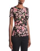 Round-neck Cap-sleeve Floral-print Top
