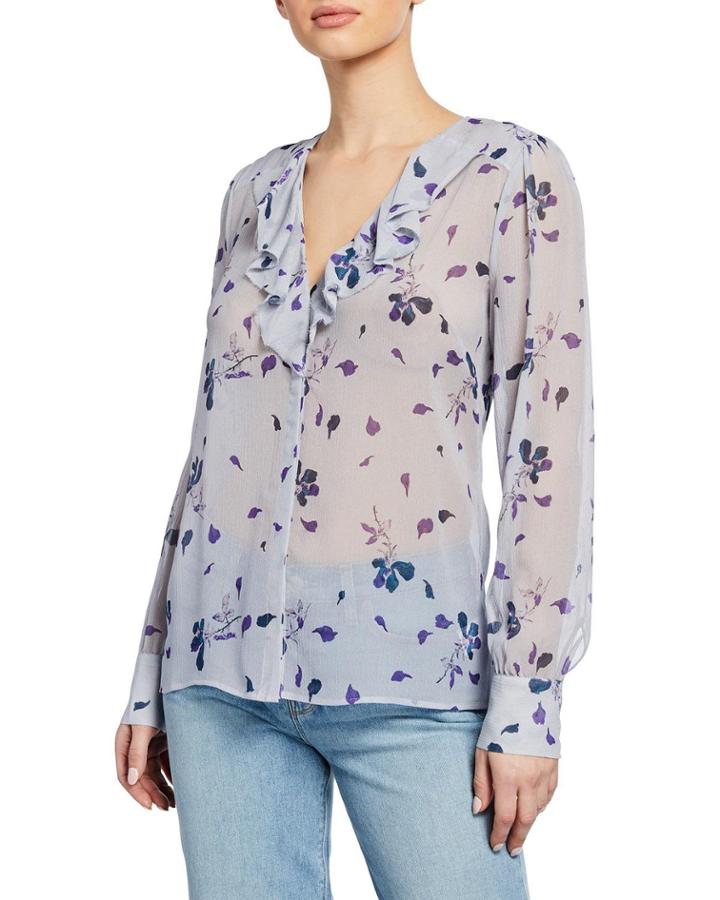 Caressa Petal-print V-neck Ruffle Blouse