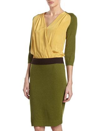 Philosophy Di Alberta Ferretti 3/4-sleeve Colorblock Dress, Brown/green/yellow