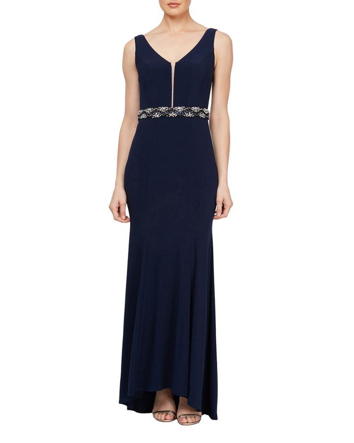 Solid V-neck Beaded-waist Sleeveless Gown