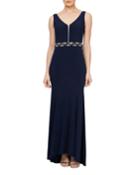 Solid V-neck Beaded-waist Sleeveless Gown