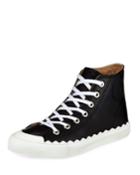 Scalloped Leather High-top Sneakers, Black