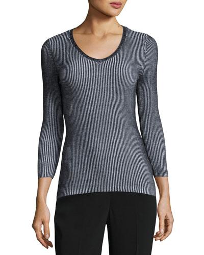 Studded-neckline Pullover Sweater Top, Black/white