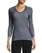 Studded-neckline Pullover Sweater Top, Black/white