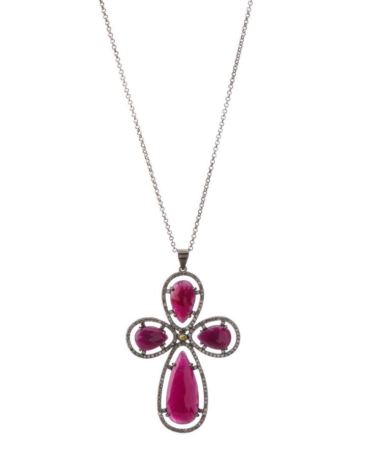 Ruby & Diamond Cross Pendant Necklace