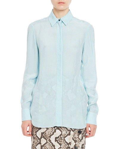 Chika Gingham Long-sleeve Blouse, Aquafish