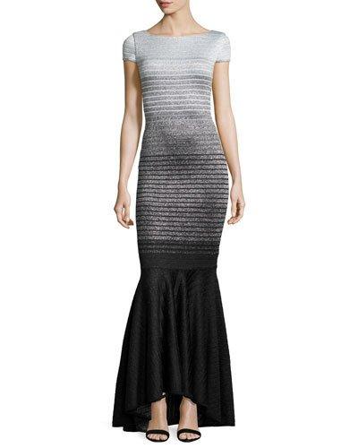 Metallic Degrade Peekaboo Cap-sleeve Gown, Caviar/gray/silver