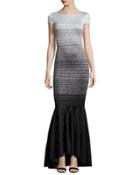 Metallic Degrade Peekaboo Cap-sleeve Gown, Caviar/gray/silver