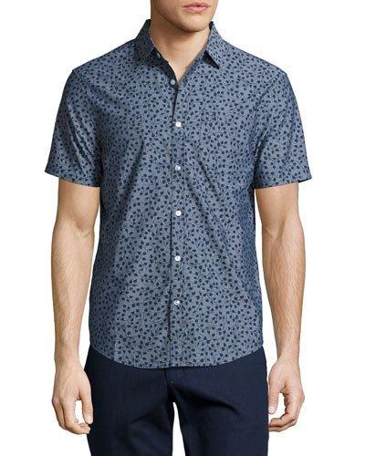 Ivy Leaf-print Chambray Shirt, Dark Blue