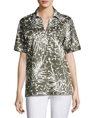 Damon Short-sleeve Grove Palm-print Stretch-cotton Blouse,