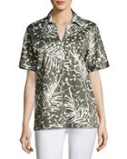 Damon Short-sleeve Grove Palm-print Stretch-cotton Blouse,
