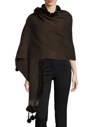 Rabbit Fur-trim Knit Wrap, Brown