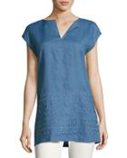 Summer Short-sleeve Embroidered Linen Blouse,