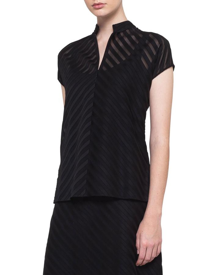Zip-front Cap-sleeve Diagonal Jacquard Cotton Voile Blouse