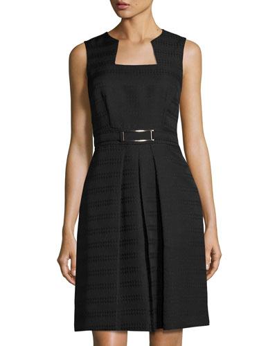 Sleeveless Belted Jacquard Dress, Black