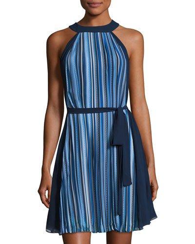 Sleeveless Halter-neck Dress, Blue Pattern