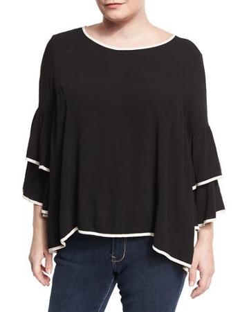 Cold-shoulder Ruffled Top, Black/brown,