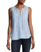 Lace-up Chambray Top, Blue