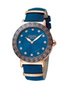 Women's 38mm Stainless Steel Watch With Leather Strap, Rose/blue