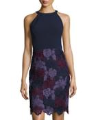 Tri-tone Lace & Crepe Sheath Dress, Blue/black