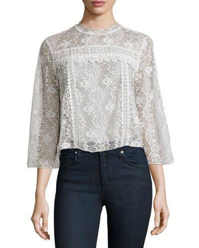 Floral-lace 3/4-sleeve Blouse, Ivory